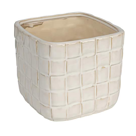 6.25&#x22; White Debossed Woven Grid Patterned Stoneware Planter